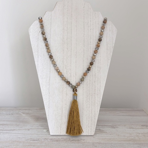 Handmade Beaded Necklace with Mustard Tassel - Picture 1 of 7